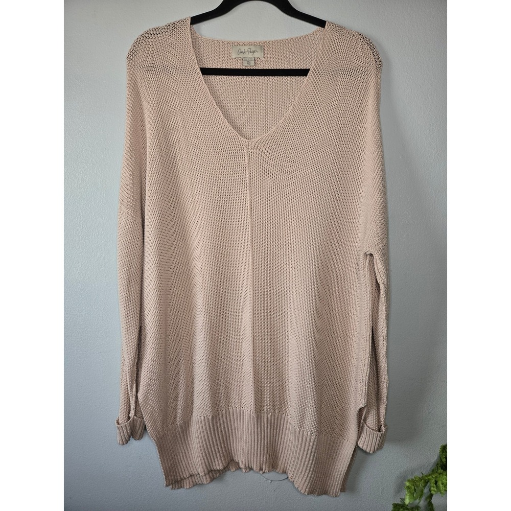 Charlie Paige Knit Sweater Tunic Beige V-Neck Lightweight Relaxed Small